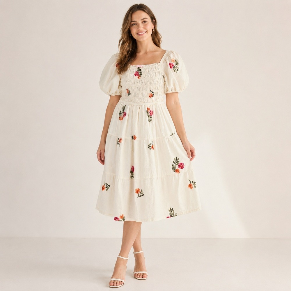 Parami Design‎ Embroidered Cottagecore Puff Sleeve Midi Dress Cream Large